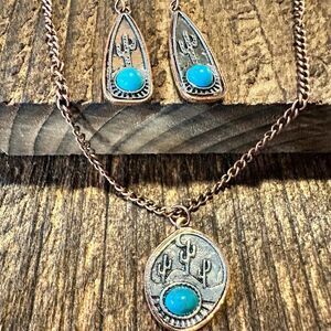 Boho SouthWestern Cowgirl Copper Turquoise Cactus Necklace/Drop Earring Set, Gi